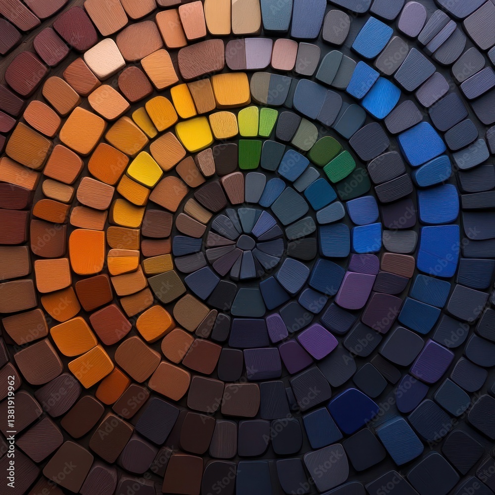 Aufkleber circular mosaic pattern featuring a spectrum of colors arranged concentrically from warm tones to co