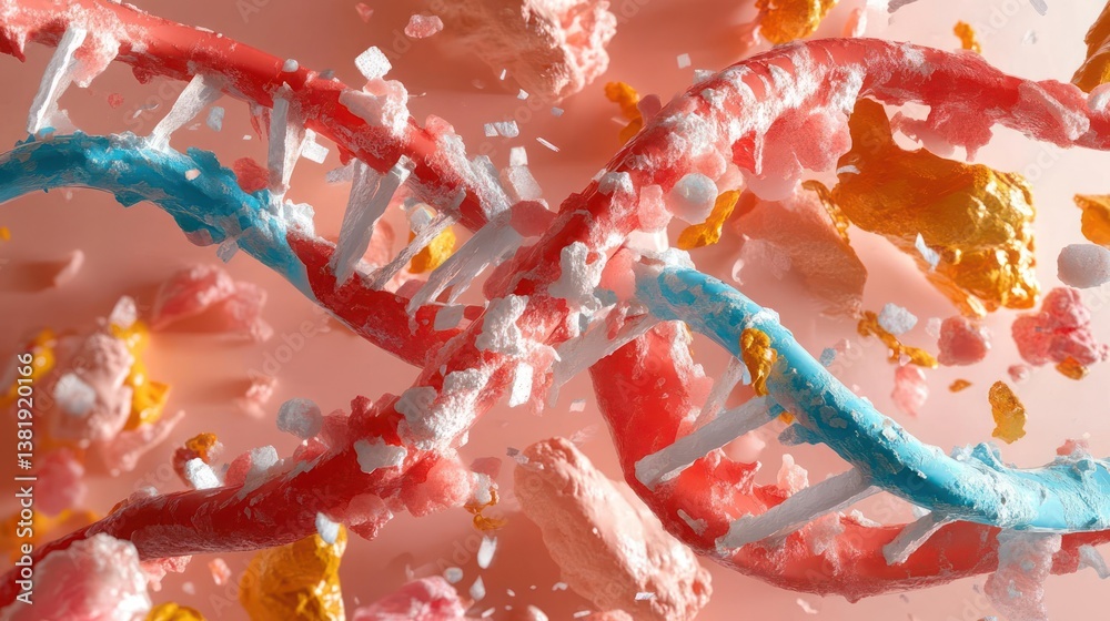 Poster Abstract illustration of a DNA double helix structure with vibrant red and blue strands particles and fragmentation on a pink background