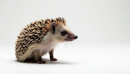 Obraz premium Single hedgehog, facing right, on pristine white backdrop, fauna, element