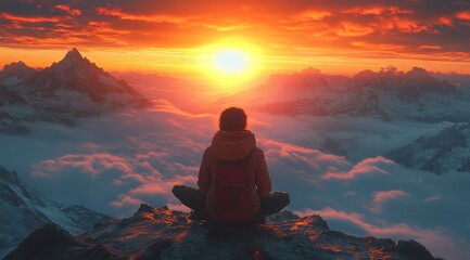 Young caucasian male meditating on mountain peak at sunset overlooking cloudscape