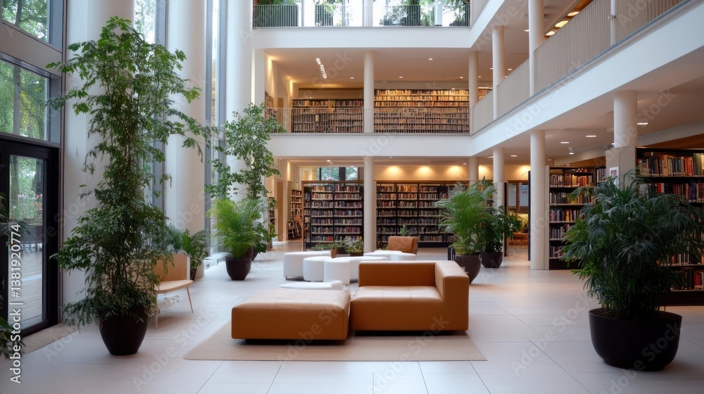 Leinwandbilder bright interior library with multilevel design tall windows lush greenery and beige seating areas cr