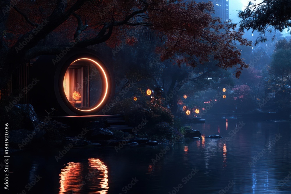 Poster Serene night scene with circular portal glowing orange reflection on still water surrounded by trees and lanterns mystical atmosphere