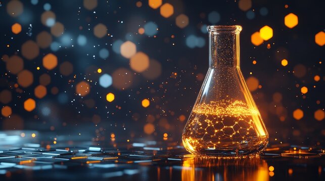 Glowing chemical reaction in flask with molecular structure amidst hexagonal pattern - Powered by Adobe