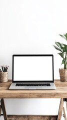 Minimalist workspace with laptop on wooden desk and potted plants for modern office inspiration