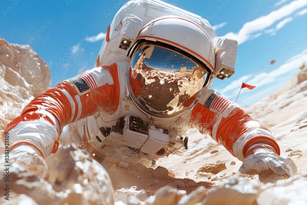 Poster Astronaut in red and white spacesuit crawling up a rocky terrain with a reflection in the helmet against a bright blue sky