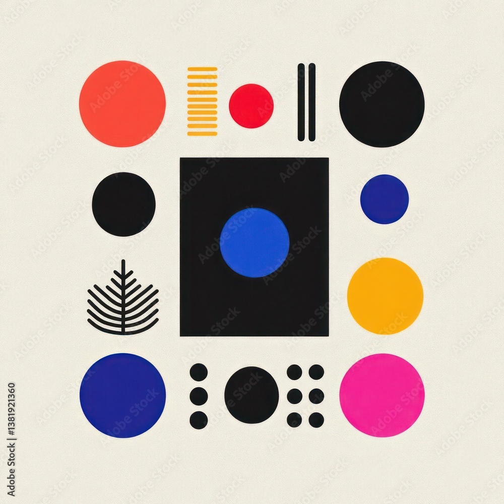 Poster Geometric composition with circles squares and lines in vibrant colors on textured background