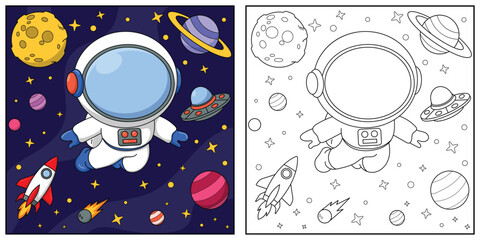 Astronaut in space. Black and white vector illustration for coloring book. © styo
