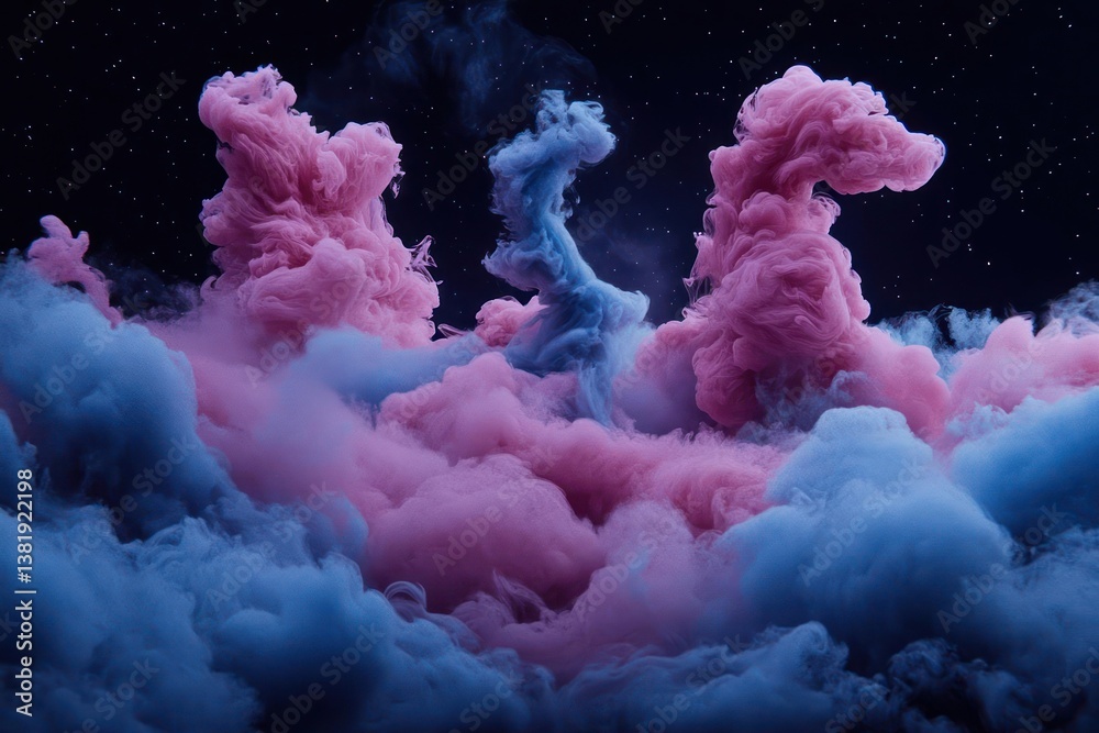 Poster abstract cloud formations in pink and blue tones against a dark starry background with soft volumetr