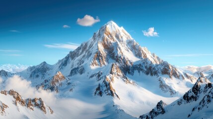 Majestic snowcapped mountain peak reaching into the clear blue sky surrounded by a vast and pristine alpine landscape with rocky outcrops and glacial formations