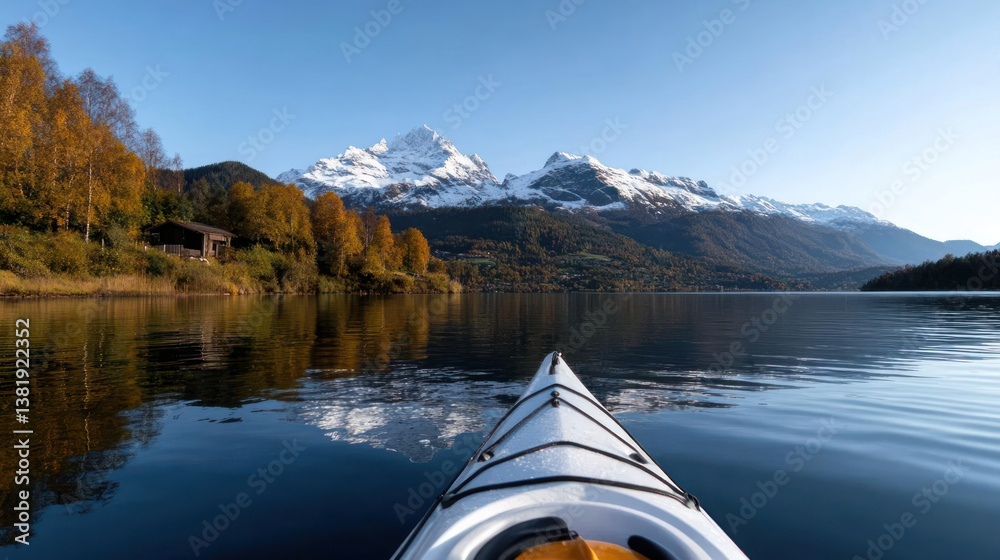 Poster kayak perspective on a calm lake with autumn trees snow capped mountains and a clear blue sky reflec