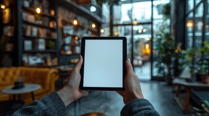Close up view of a person s hand holding a digital tablet or mobile device in a cozy cafe or retail shop interior setting  The background is blurred creating a soft