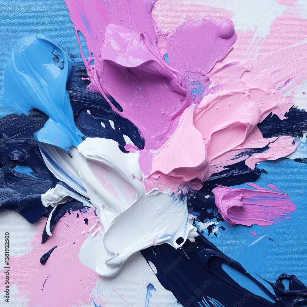 Poster abstract painting with textured brushstrokes in various shades of blue pink and white creating a col