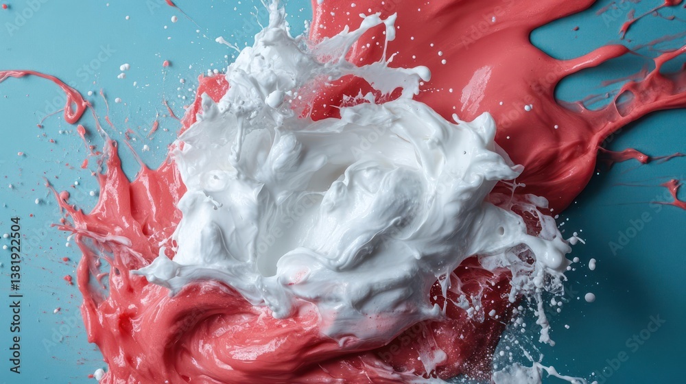 Fototapete White and pink paint splash on blue surface macro shot showcasing texture and movement with dynamic composition and vibrant colors