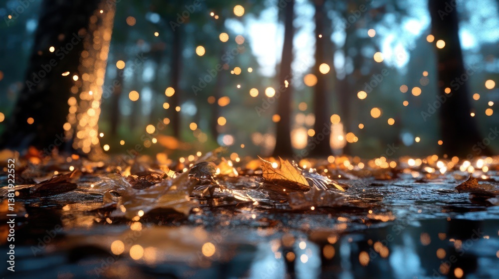 Leinwandbilder lush forest floor illuminated by golden bokeh lights wet leaves and blurred background mysterious an