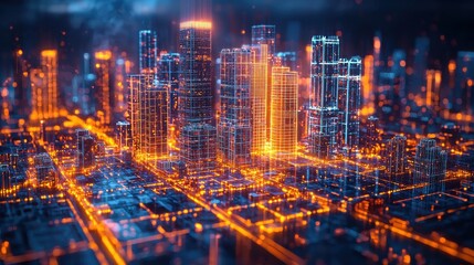 Fototapeta premium Stunning aerial panoramic view of a modern futuristic cityscape with illuminated skyscrapers highways and glowing towers at night The dense vibrant