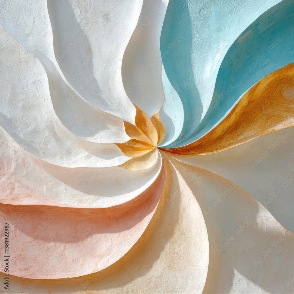 Poster Abstract spiral composition in pastel colors. The image features a central point with radial patterns of white, blue, peach and gold creating a sense of movement