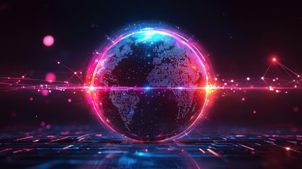 Obraz premium Glowing Digital Planet Earth Sphere in Cosmic Neon Lights Abstract Background 3D Rendered Futuristic of Earth Globe with Pulsing Energy Waves