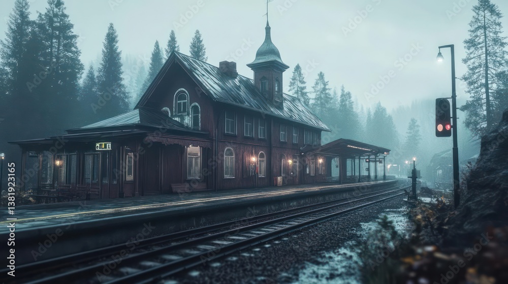 Poster railway station in a forest with tracks and a vintage building. the scene has a moody atmosphere wit