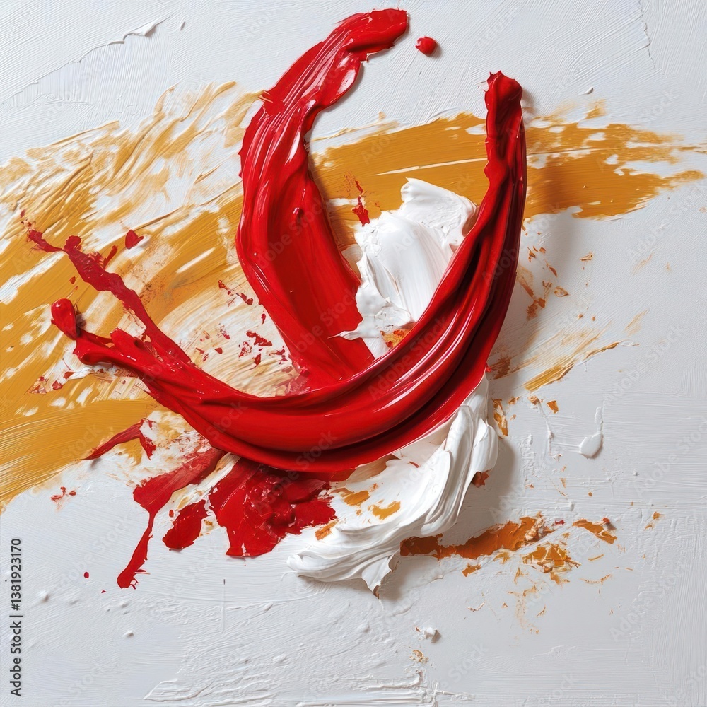 Poster abstract artwork with vibrant red white and gold paint strokes on white textured background. artisti