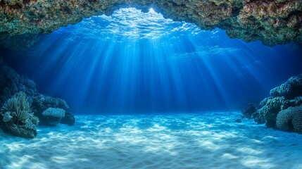 Fototapeta premium A calm underwater cave, illuminated by soft light filtering through the coral above