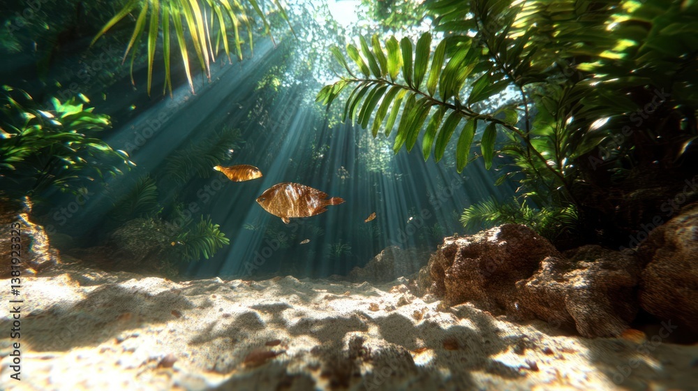 Aufkleber sunlight streams through lush green tropical foliage illuminating floating leaves and sandy underwat