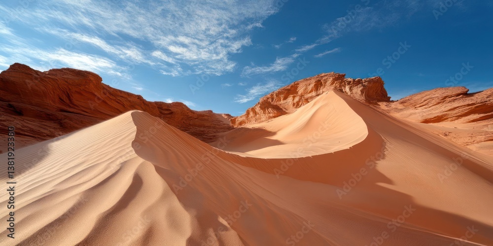 Poster Panoramic landscape view of sand dunes under a clear blue sky with scattered clouds and reddish-brown rock formations. The scene evokes a sense of vastness and natural beauty