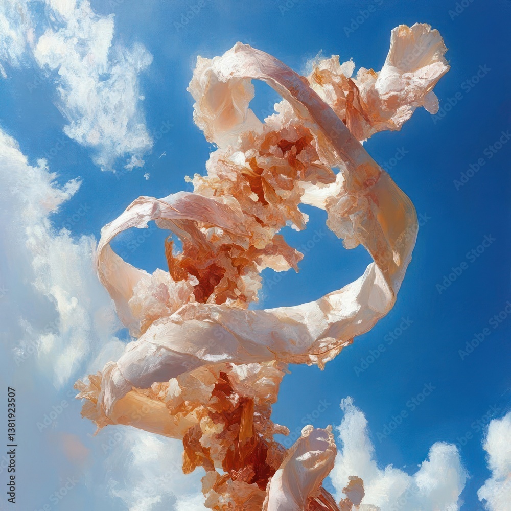 Poster Abstract swirl of crystalline structures against a vibrant blue sky with fluffy clouds. Textured design with complex geometry and a sense of ethereal beauty. Focus on light and form
