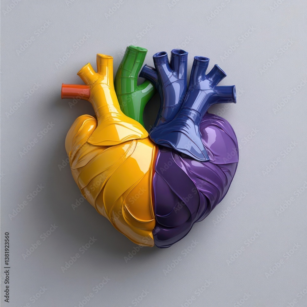 Poster A vibrant segmented heart sculpture in rainbow colors on a textured gray surface. The anatomical model depicts the heart divided into color-coded sections