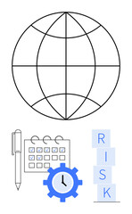 Globe outline, gear with clock, checklist calendar, pen, and stacked risk blocks. Ideal for planning, management, strategy, tracking teamwork productivity abstract line flat metaphor
