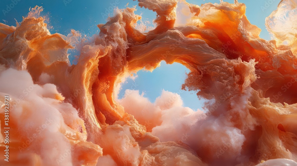 Leinwandbilder Abstract composition with swirling orange liquid formations against a blue sky backdrop and soft white clouds with dynamic motion and texture