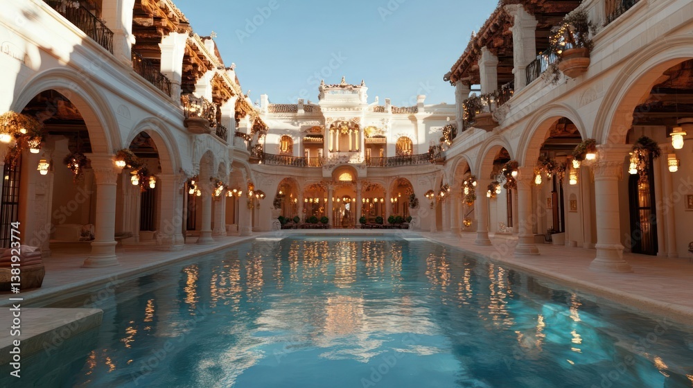 Poster luxurious mediterranean-style courtyard with a swimming pool and ornate architecture under a clear b
