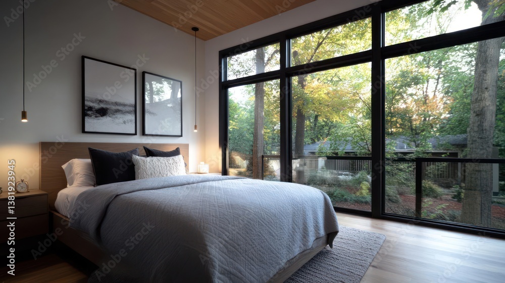 Aufkleber bedroom interior with large window overlooking lush greenery. modern design features a bed with gray