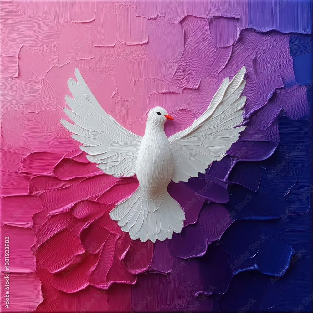 Leinwandbilder white dove sculpture with open wings on textured background with purple pink gradient color scheme