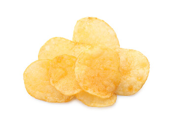 Pile of tasty potato chips isolated on white