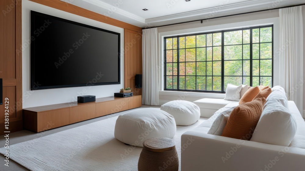 Poster cozy living room with large screen a white sofa with pillows and round ottoman in front of the windo