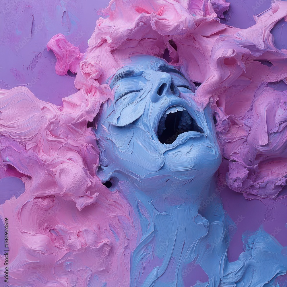 Poster Blue sculpted face with open mouth surrounded by pink abstract form against a purple background capturing raw emotion and intensity