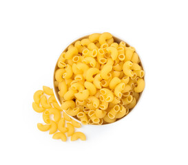 Raw horns pasta in bowl isolated on white, top view