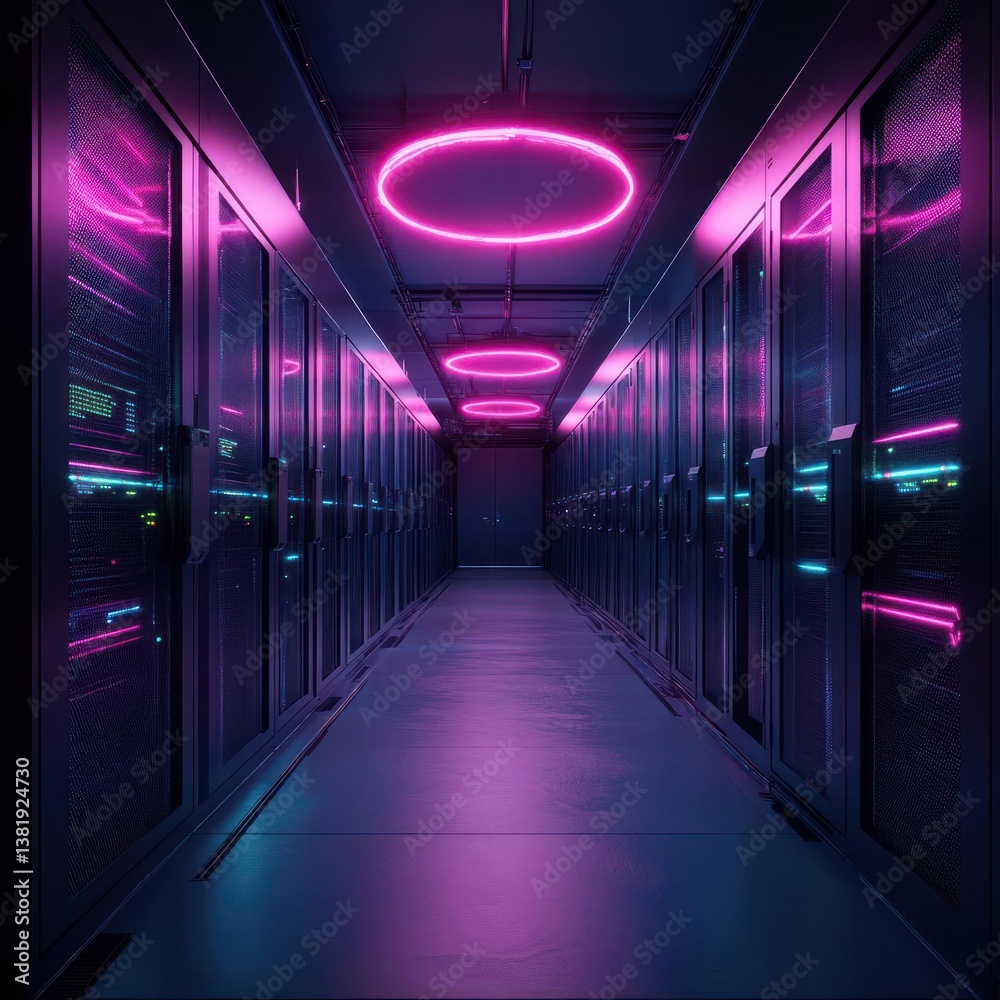 Poster data center hallway perspective with server racks neon lights and reflective floor creates a futuris