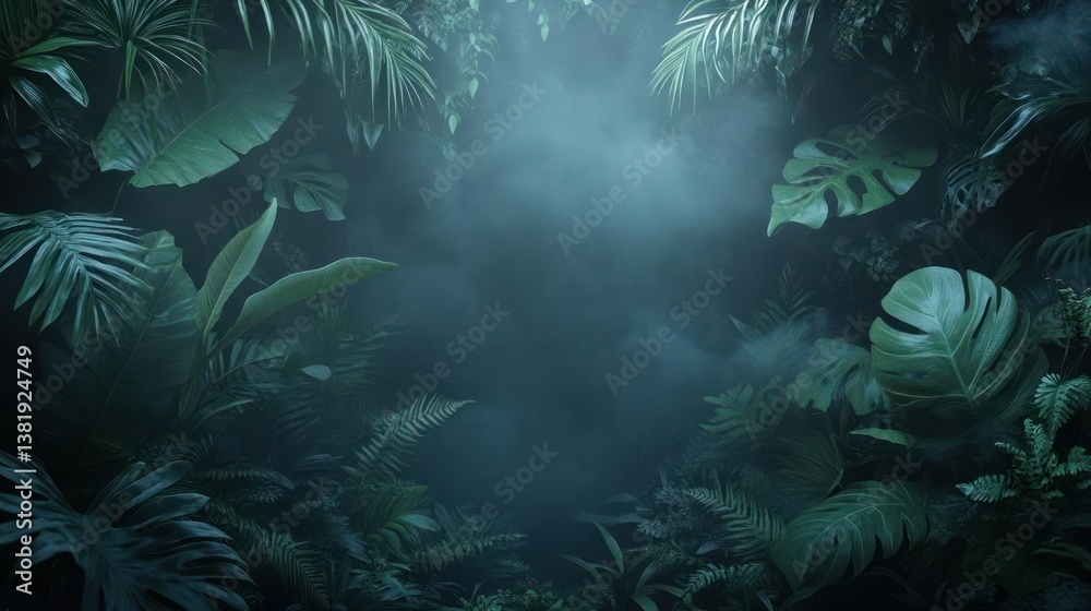 Aufkleber Lush foliage in a dark forest environment with mist creating an atmospheric scene. Various shades of green leaves are illuminated by soft light