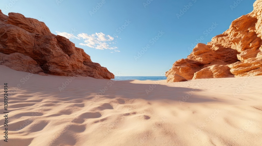 Aufkleber sandy beach with footprints framed by rocky cliffs under a clear blue sky with sparse clouds and oce