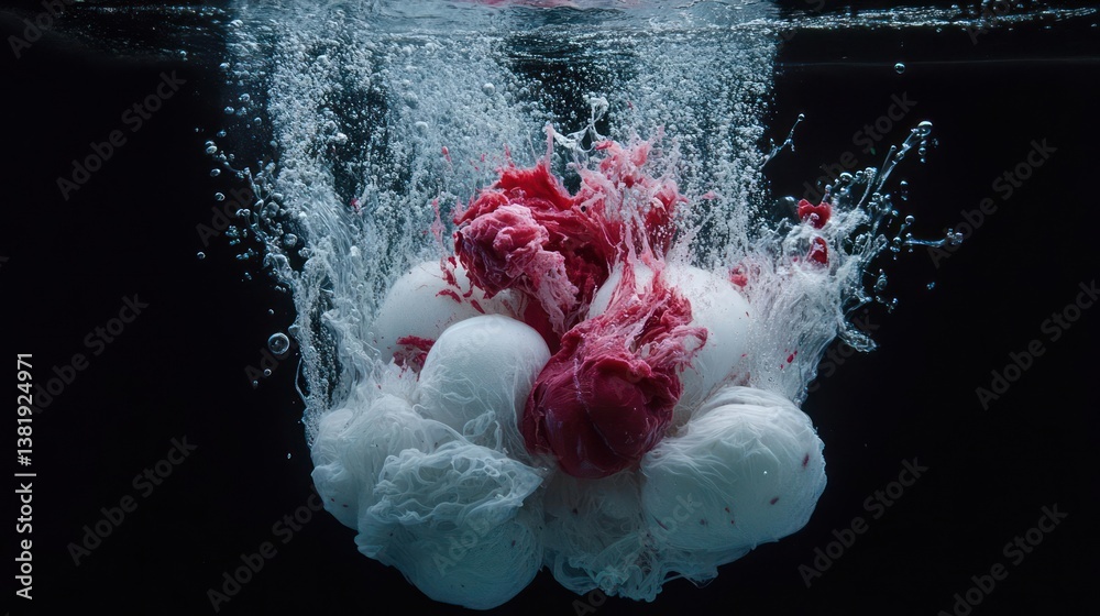 Poster dynamic water splash with submerged white spheres and bursts of red liquid against a dark background