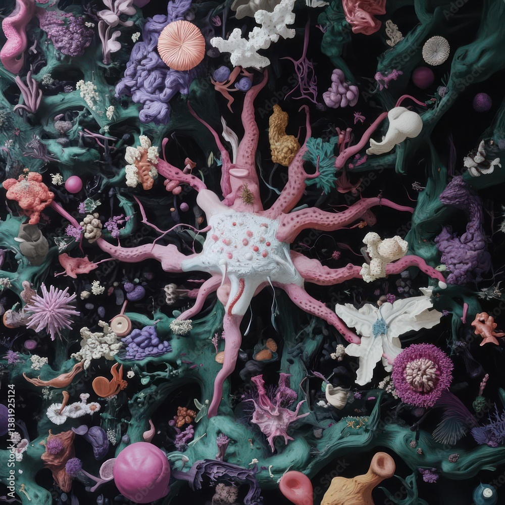 Aufkleber Abstract surreal composition with vibrant colors and diverse organic shapes a central white and pink structure with tentacles surrounded by various other colorful forms against a dark background