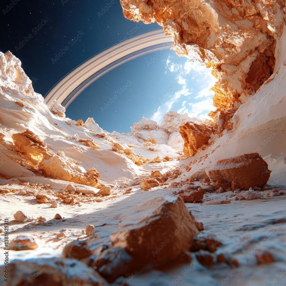 Aufkleber voxel landscape with a ringed planet in the sky. the scene features a rocky canyon with sunlight ill
