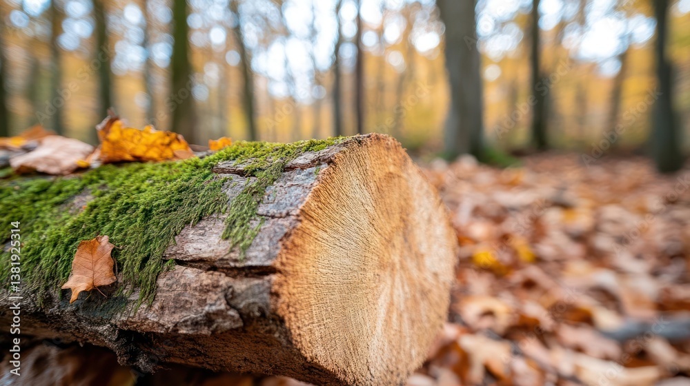 Poster Close up shot of a fallen log covered in green moss and dry leaves in a forest with blurred background during autumn with shallow depth of field