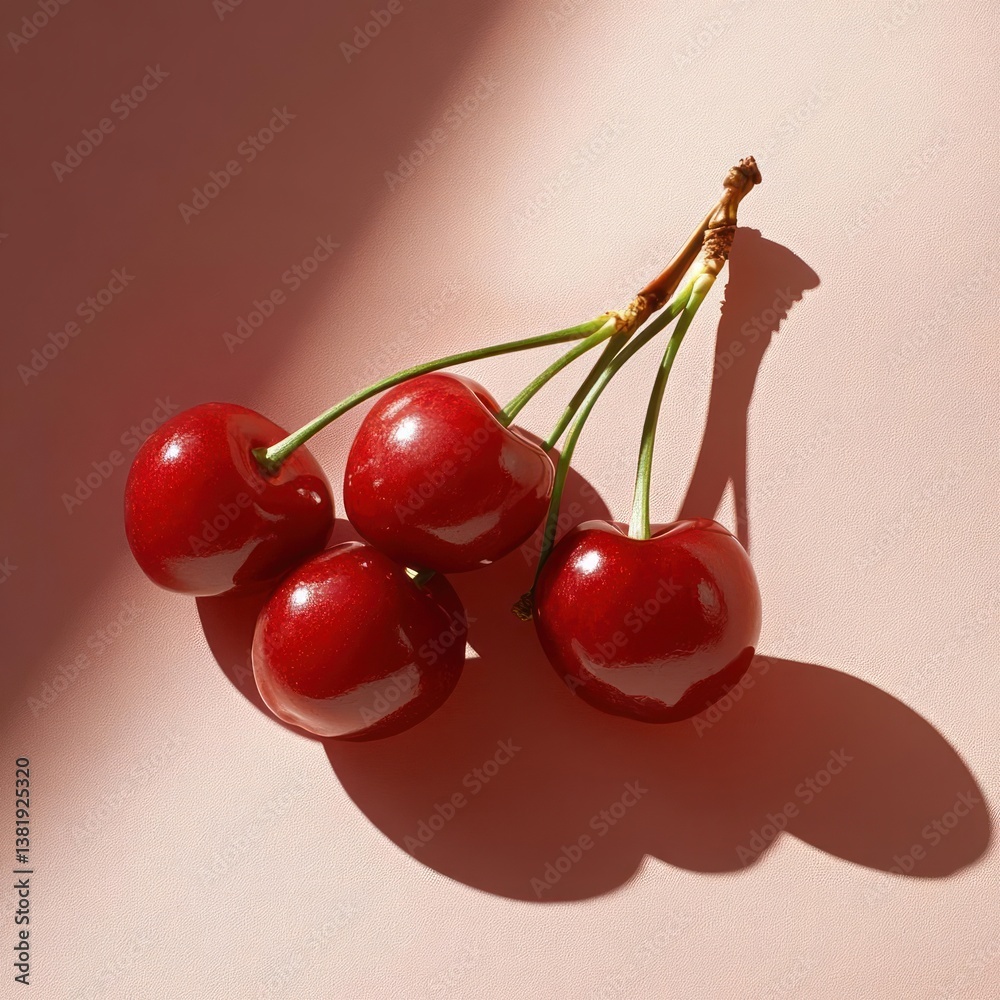 Poster Four ripe red cherries with green stems on a soft pink surface illuminated by warm sunlight creating a contrasting shadow. A simple and appetizing still life