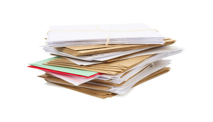 Stack of different paper envelopes on white background. Post office