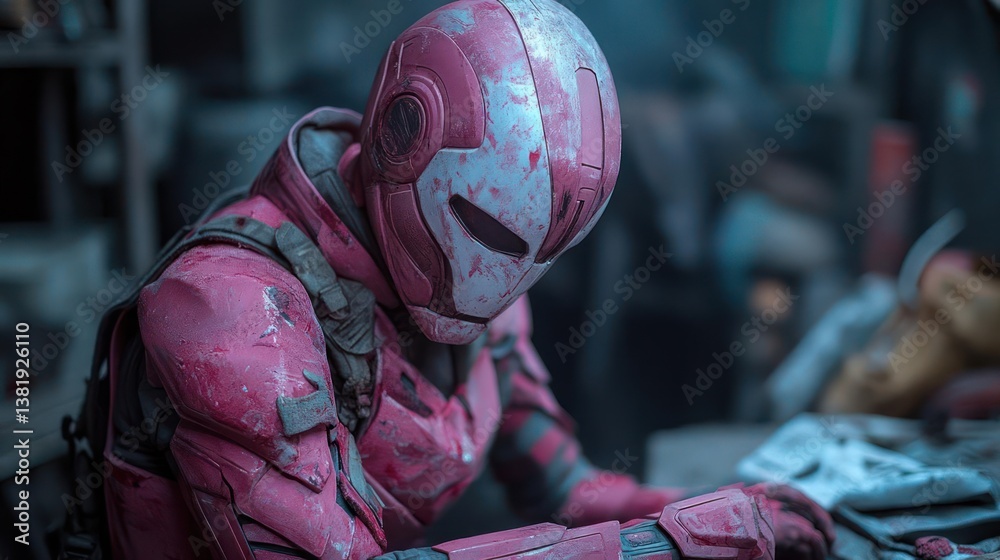 Poster a person in a pink futuristic outfit with a helmet and a metallic face mask. the scene is dimly lit 