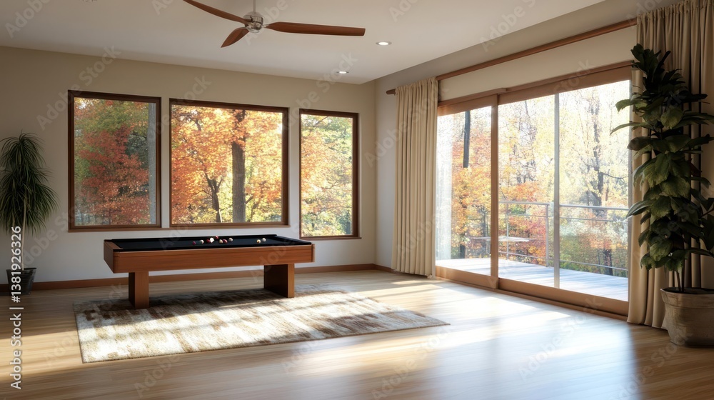 Poster interior view of a living room with large windows overlooking a vibrant autumn forest. a pool table 