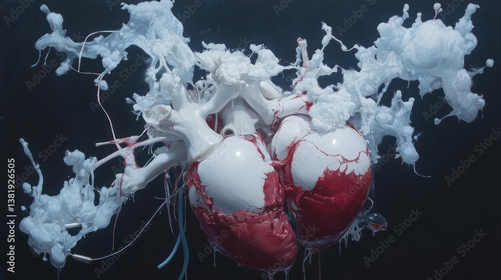 Poster artistic rendering of a human heart with splattered white and red liquid against a dark background. 