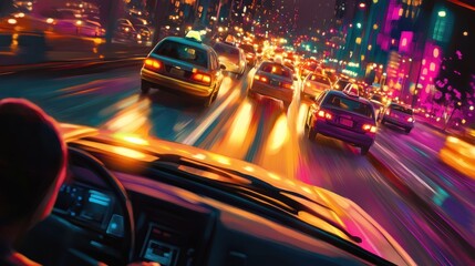 Driving at Night in City with Vibrant Lights and Traffic